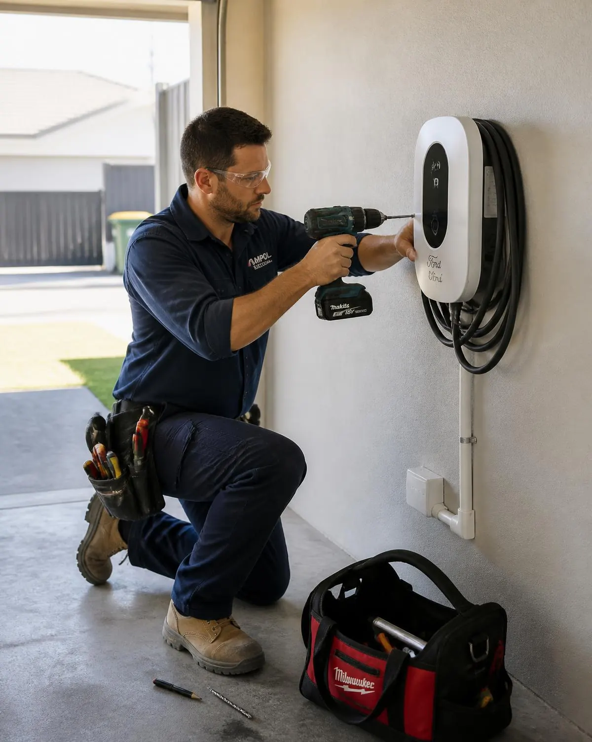 Licensed Newcastle electrician mounting a wall EV charger in a modern Australian garage