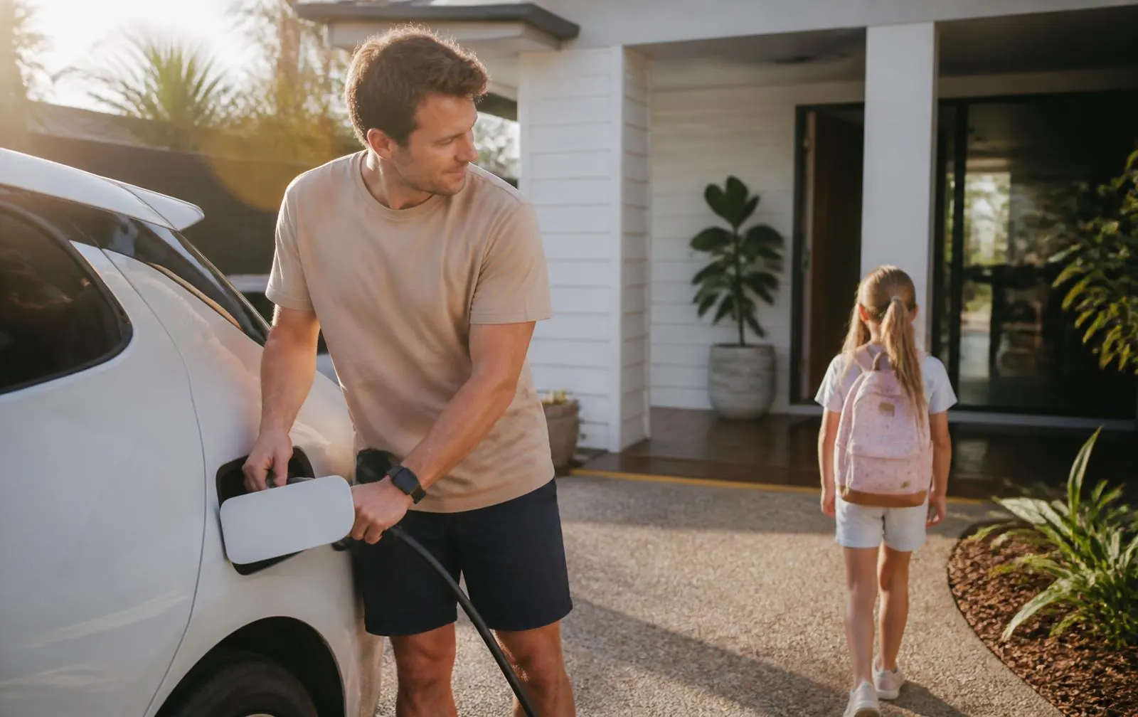 Family arriving home in the afternoon and plugging in their electric car in Newcastle