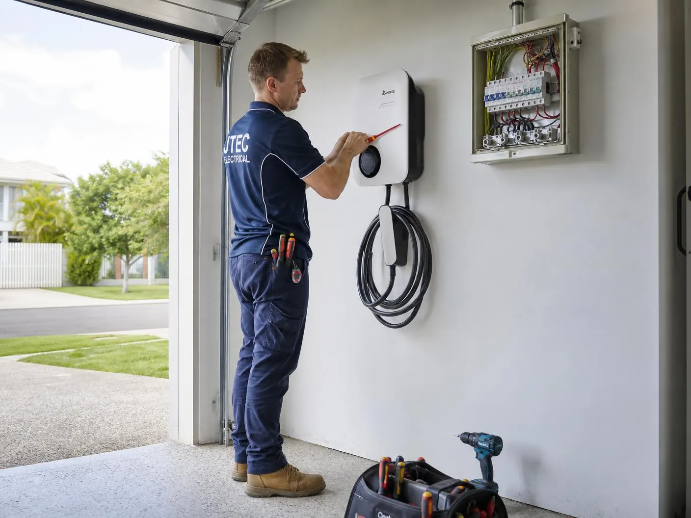 Licensed electrician installing a wall-mounted EV charger in a Newcastle home garage